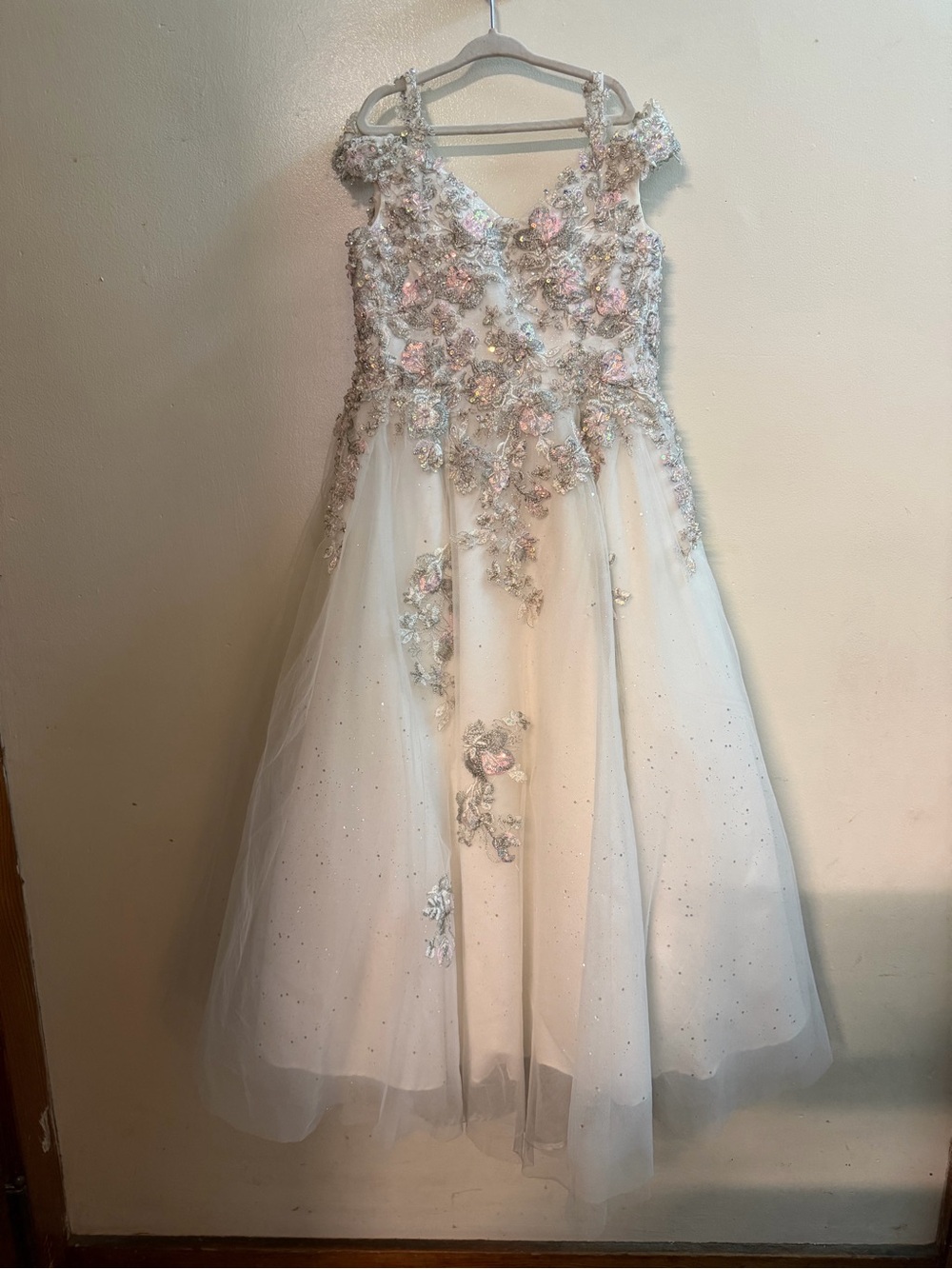 Tiffany Designs White Tulle Dress with Pink & Silver Floral Appliques